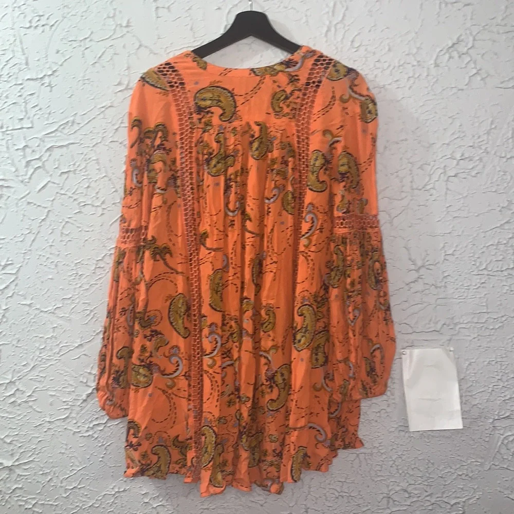 Free People *Flaw Tunic Mini Just The Two Of Us Paisley Orange XS Boho Whimsical